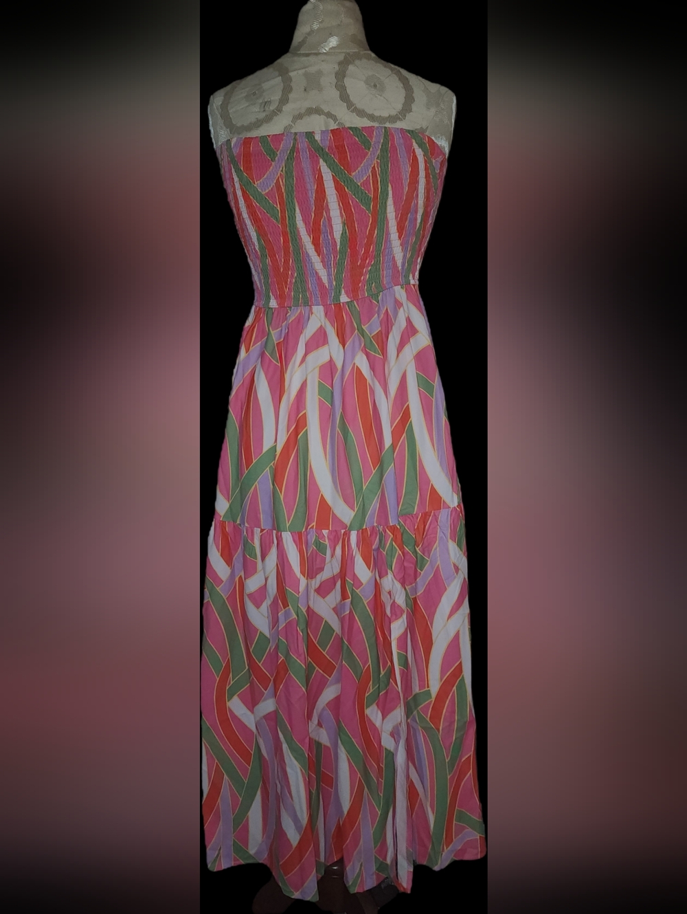 Grace Karin Strapless Wave-Print Maxi Dress in Pink Multi